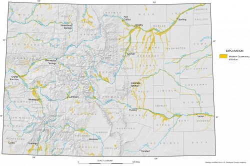 Map depicting the major Quaternary-age alluvial deposits within Colorado.