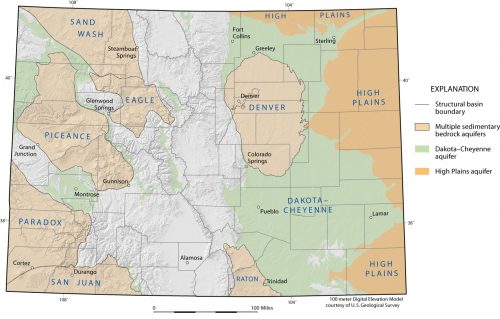 Map depicting the location of major sedimentary rock aquifers & structural basins within Colorado.