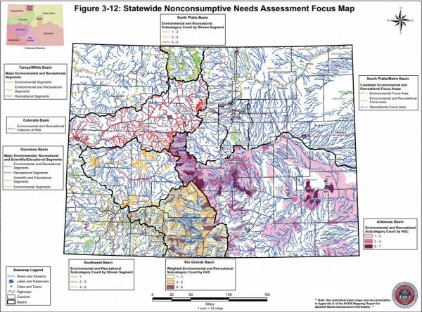 Map showing the nonconsumptive needs assessment for each of Colorado's major river basins.