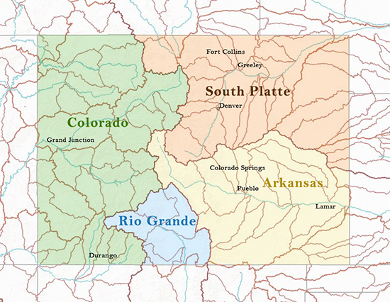 Map of Colorado's four major watersheds.