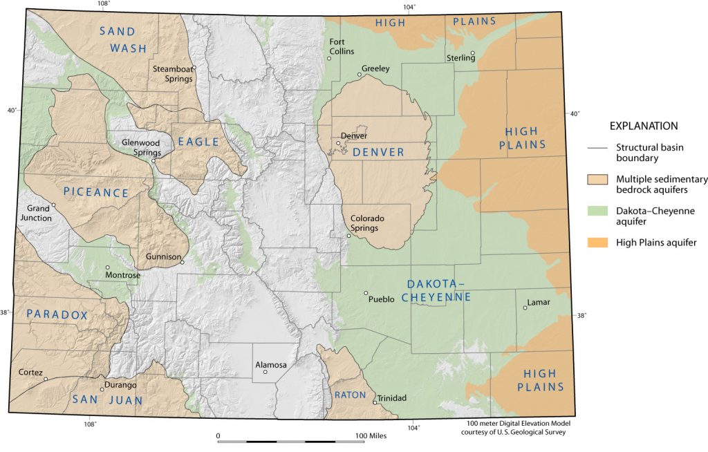 Map of the location of Colorado's major sedimentary rock aquifers & structural basins.