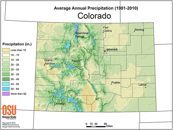 Map showing the average annual precipitation throughout Colorado from 1981 to 2010.